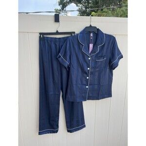 Cheibear Womens Satin Pajama Set XS Blue Button Front Top Pants New